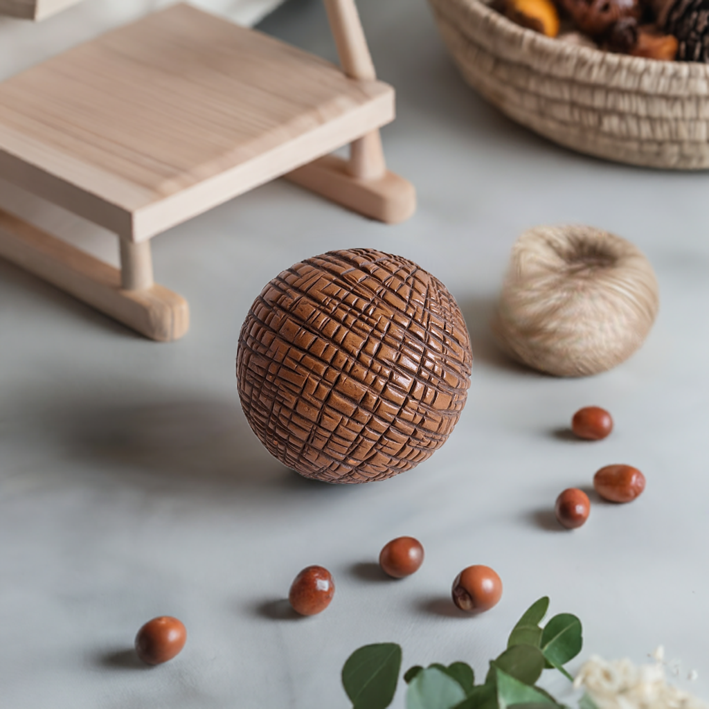 Handgesneden decoratieve harsbol met boomschorsstructuur in warm bruin, diameter Ø 10 cm.