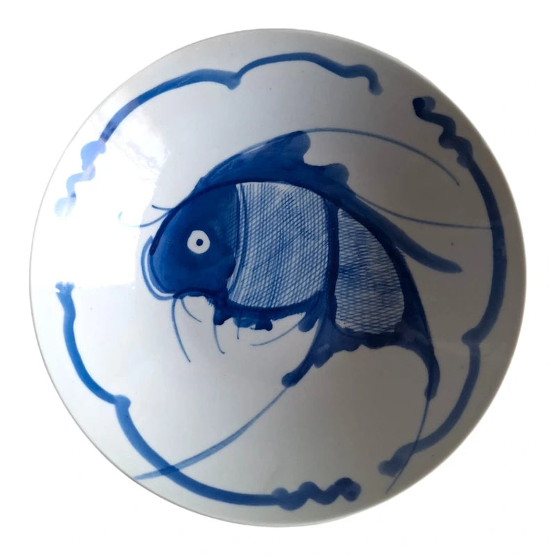 Koi-Karpfen-Schale | Blau-weißes Porzellan Ø 20,5 cm | Frühes 20. Jahrhundert