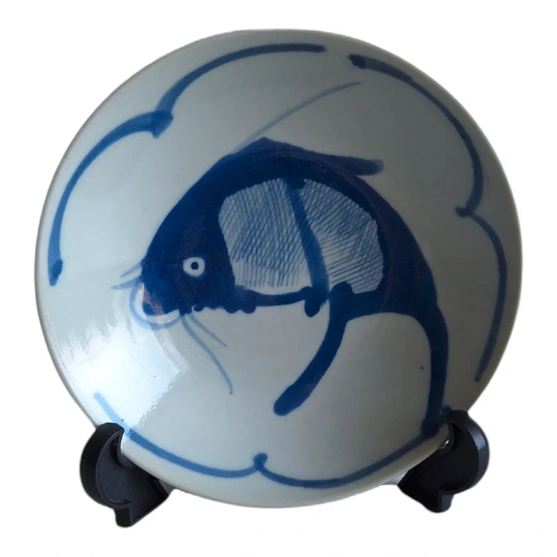 Antieke Koi Karper Schaal | Blauw Porselein Ø 16,5 cm | Begin 20e Eeuw