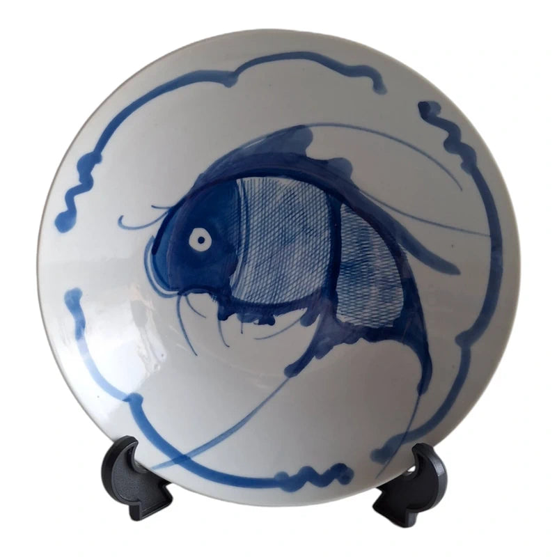 Koi-Karpfen-Schale | Blau-weißes Porzellan Ø 20,5 cm | Frühes 20. Jahrhundert
