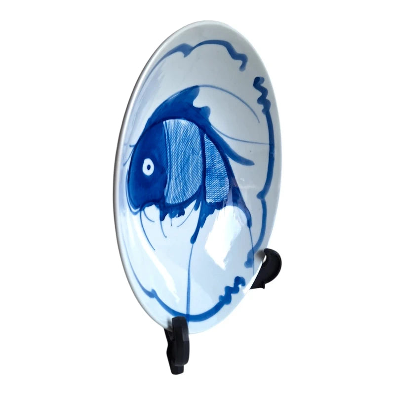 Koi-Karpfen-Schale | Blau-weißes Porzellan Ø 20,5 cm | Frühes 20. Jahrhundert