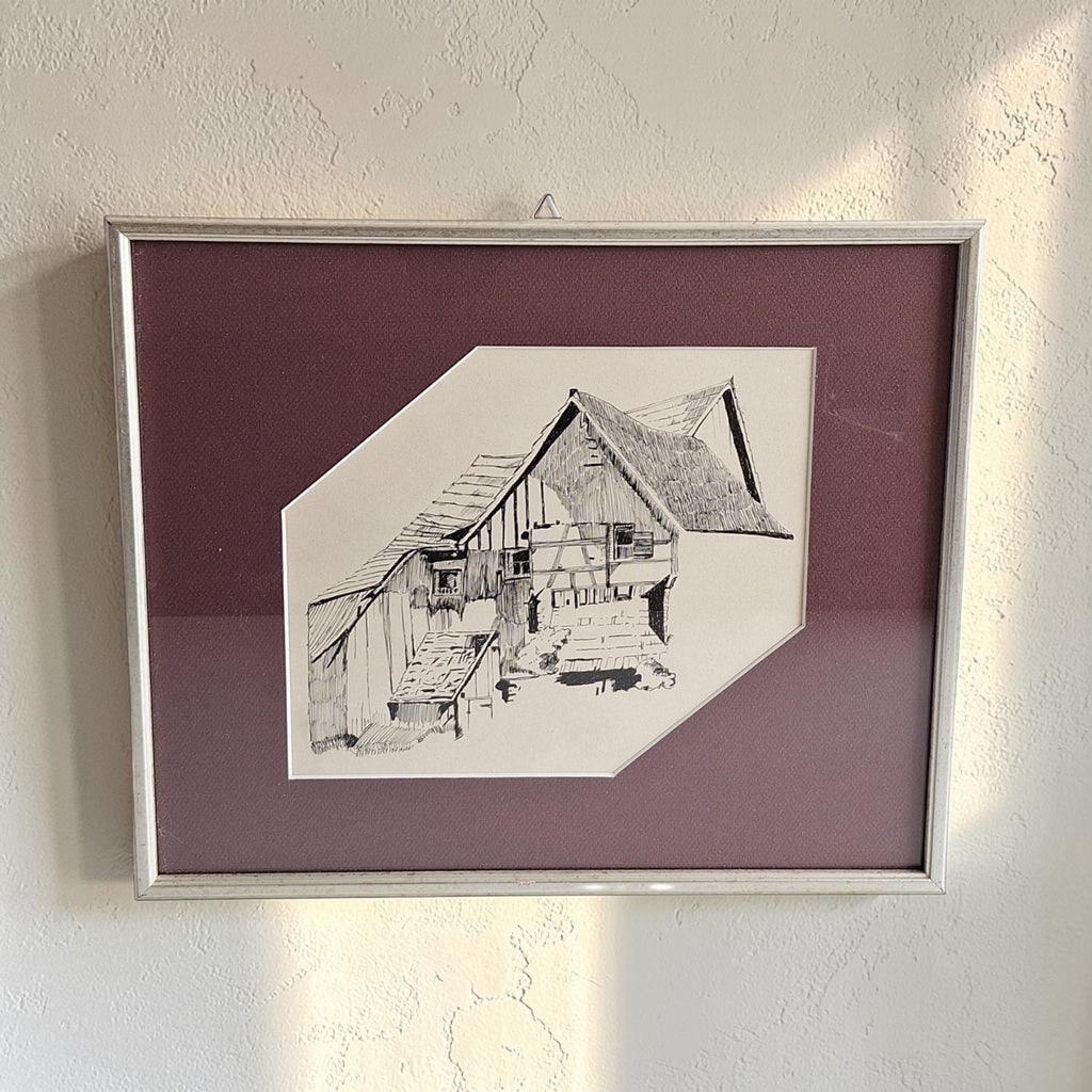Inkttekening Ingelijst - Vakwerkboerderij Architectuur Zwart-Wit