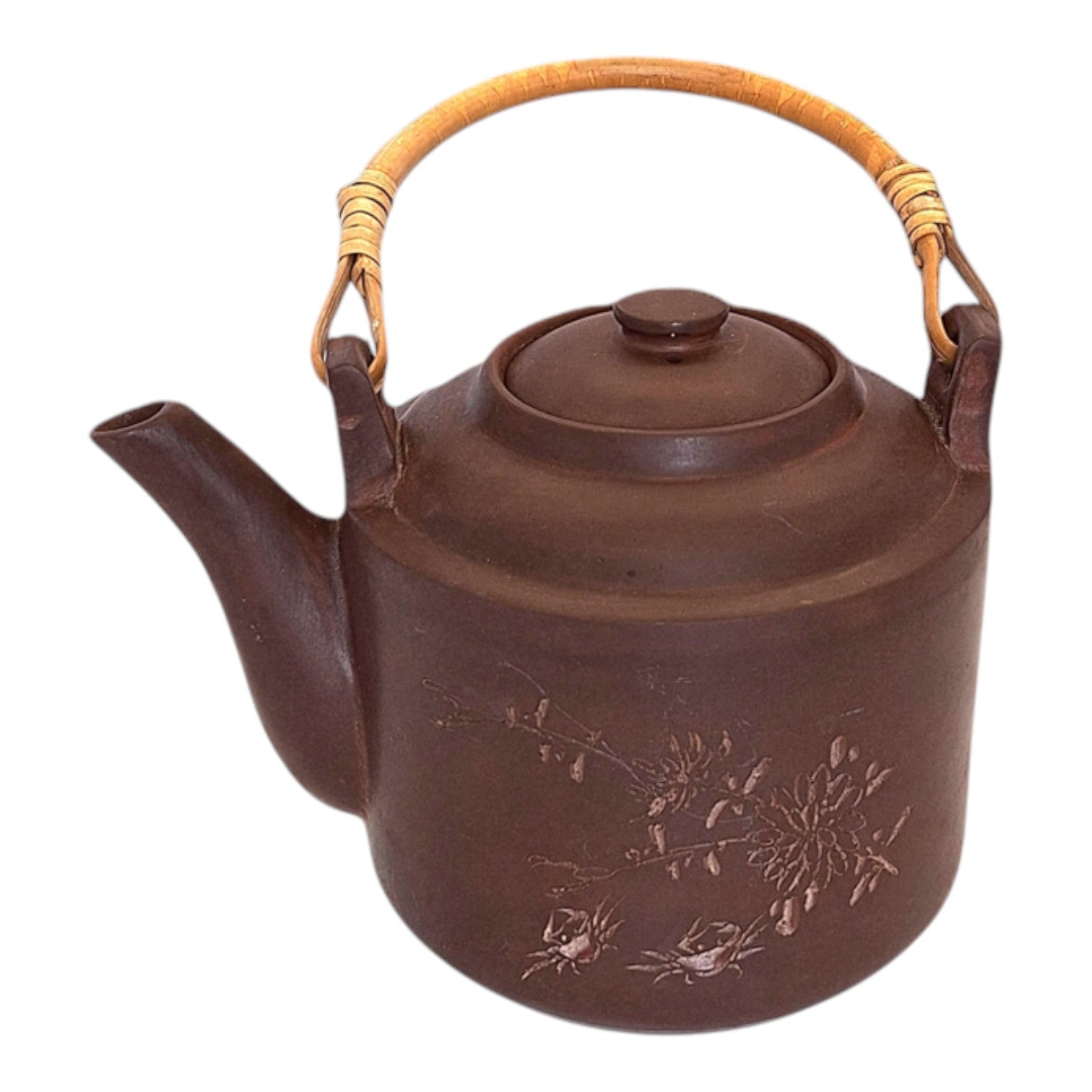 Aardewerk Theepot met Krabben & Bloemmotief – Bamboe Handvat, Jaren '70