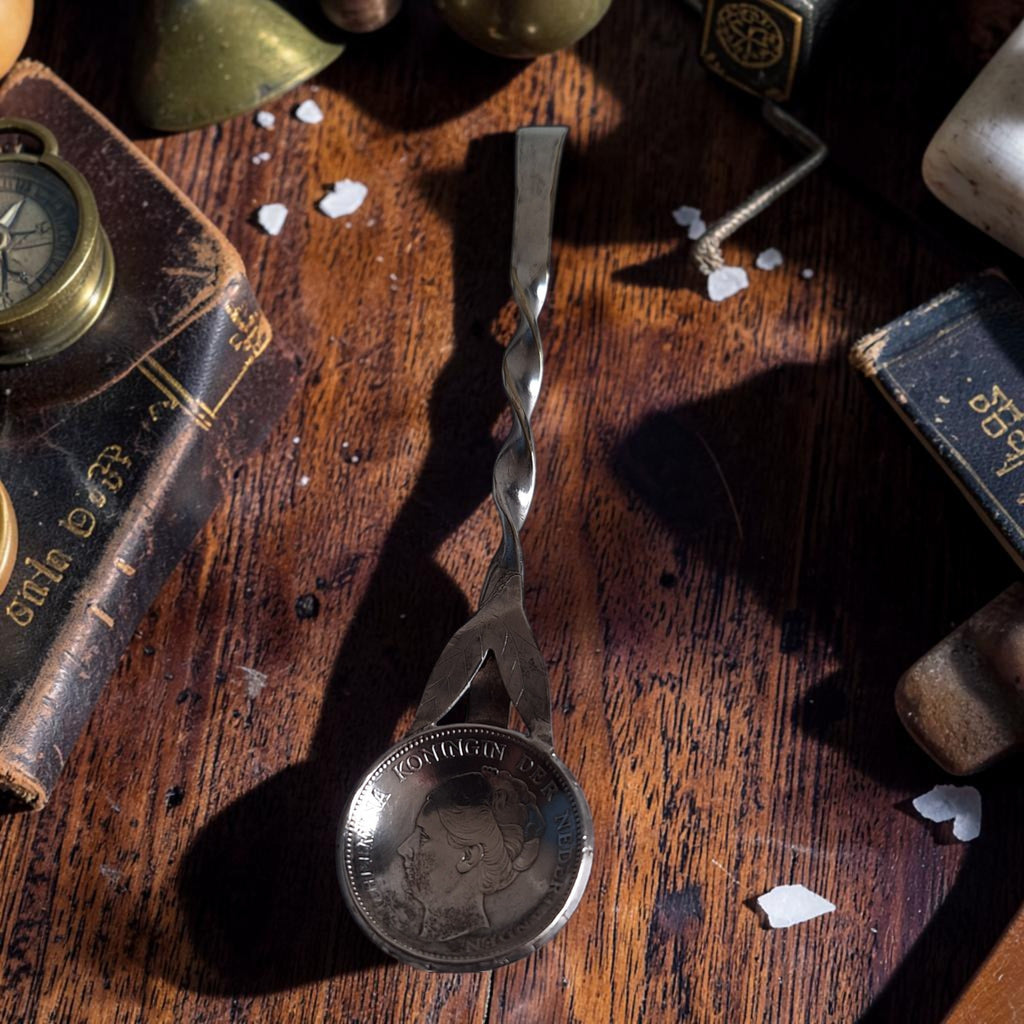 Antieke muntlepel met bak van zilveren Wilhelmina gulden, gedraaide verzilverde steel, 11 cm, vroege 20e eeuw.