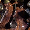 Antieke muntlepel met bak van zilveren Wilhelmina gulden, gedraaide verzilverde steel, 11 cm, vroege 20e eeuw.