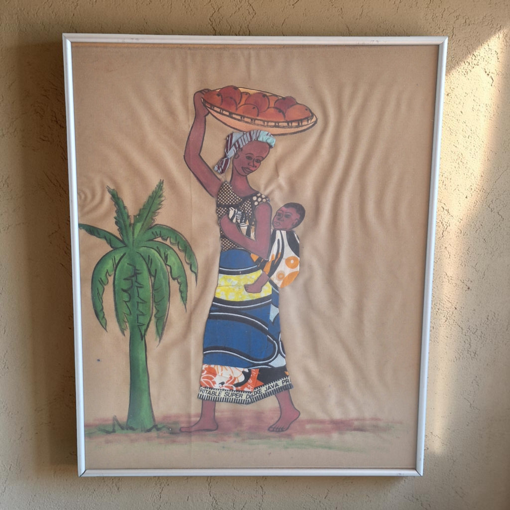 Expressief schilderij in gemengde techniek van linnen en verf met een Afrikaanse vrouw en haar kinderen, moederschapsthema, ingelijst in aluminium lijst met glas, 50,5×40,5 cm.
