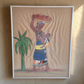 Expressief schilderij in gemengde techniek van linnen en verf met een Afrikaanse vrouw en haar kinderen, moederschapsthema, ingelijst in aluminium lijst met glas, 50,5×40,5 cm.