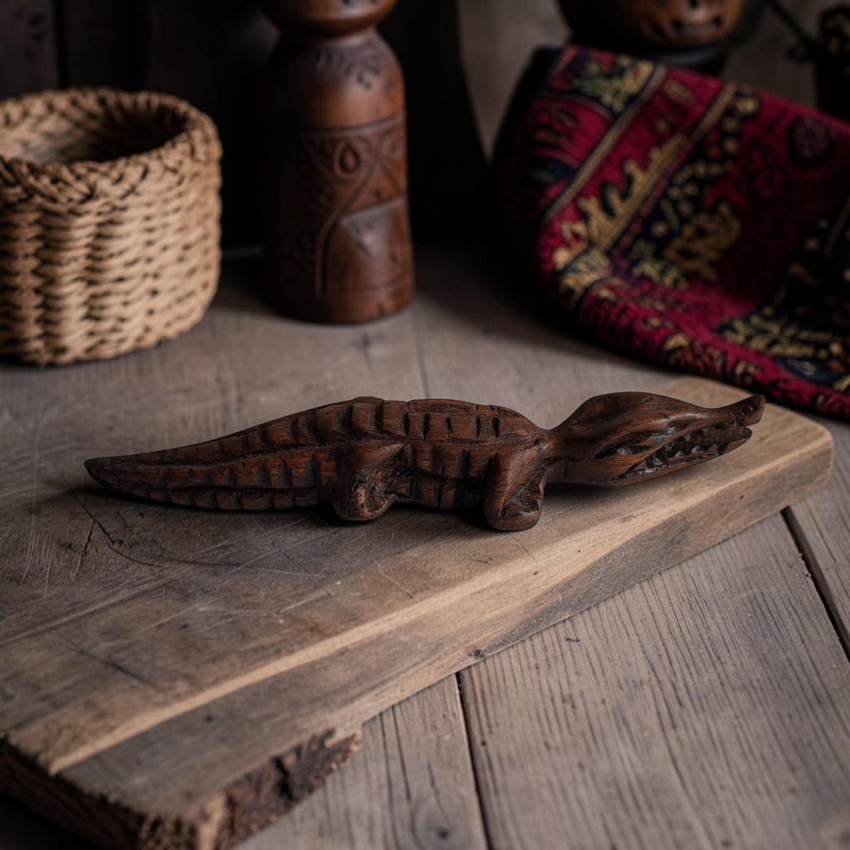 Handgesneden houten krokodilbeeldje met gedetailleerd snijwerk en een vlak afgewerkte onderkant.
