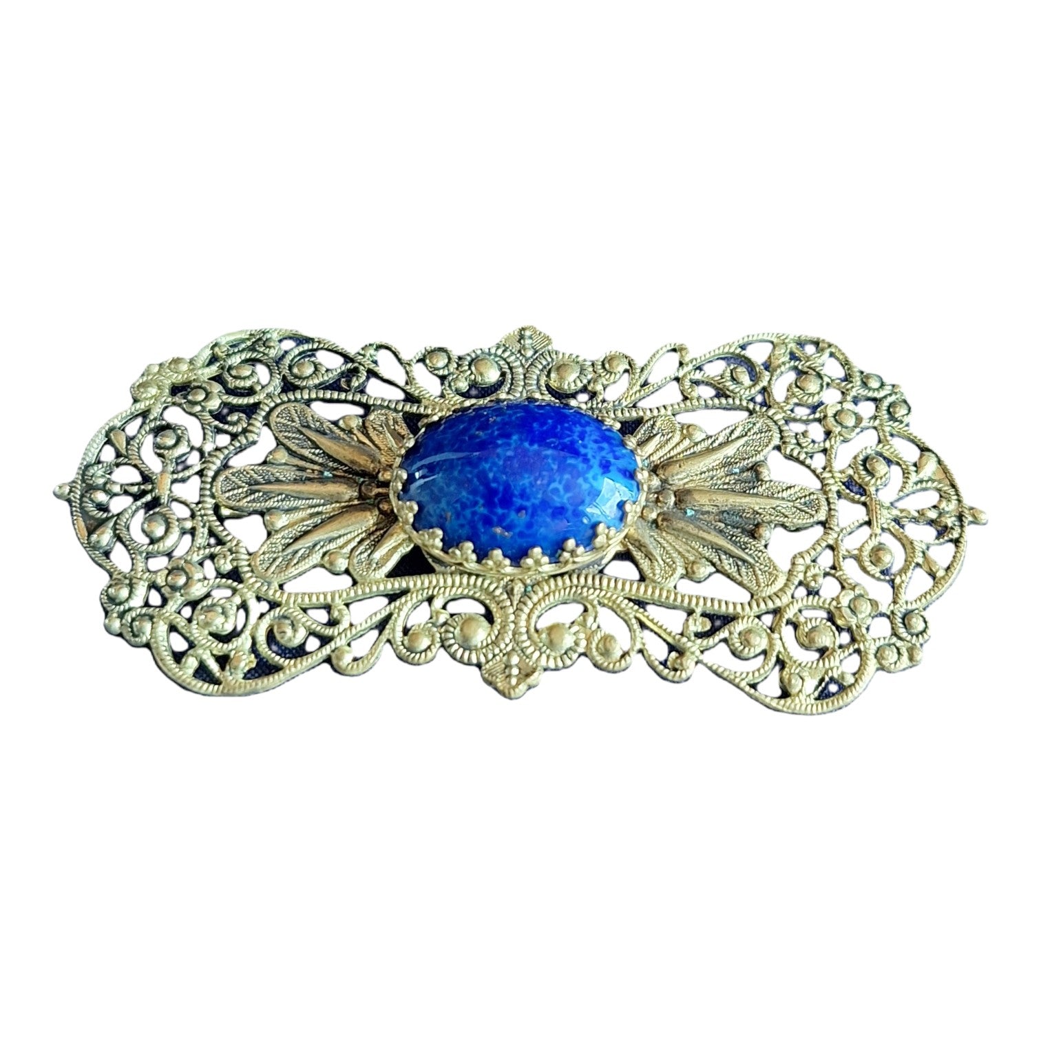 Filigrane Brosche mit blauem Stein – Reich verzierter Modeschmuck