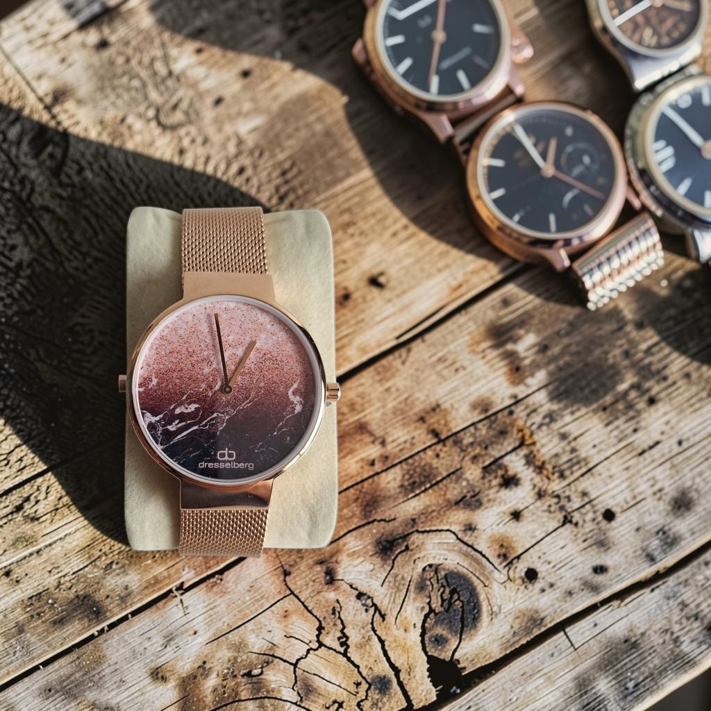 Dresselberg dameshorloge in rosé-goud met roze en zwart gemarmerde wijzerplaat en fijn mesh band, 39mm
