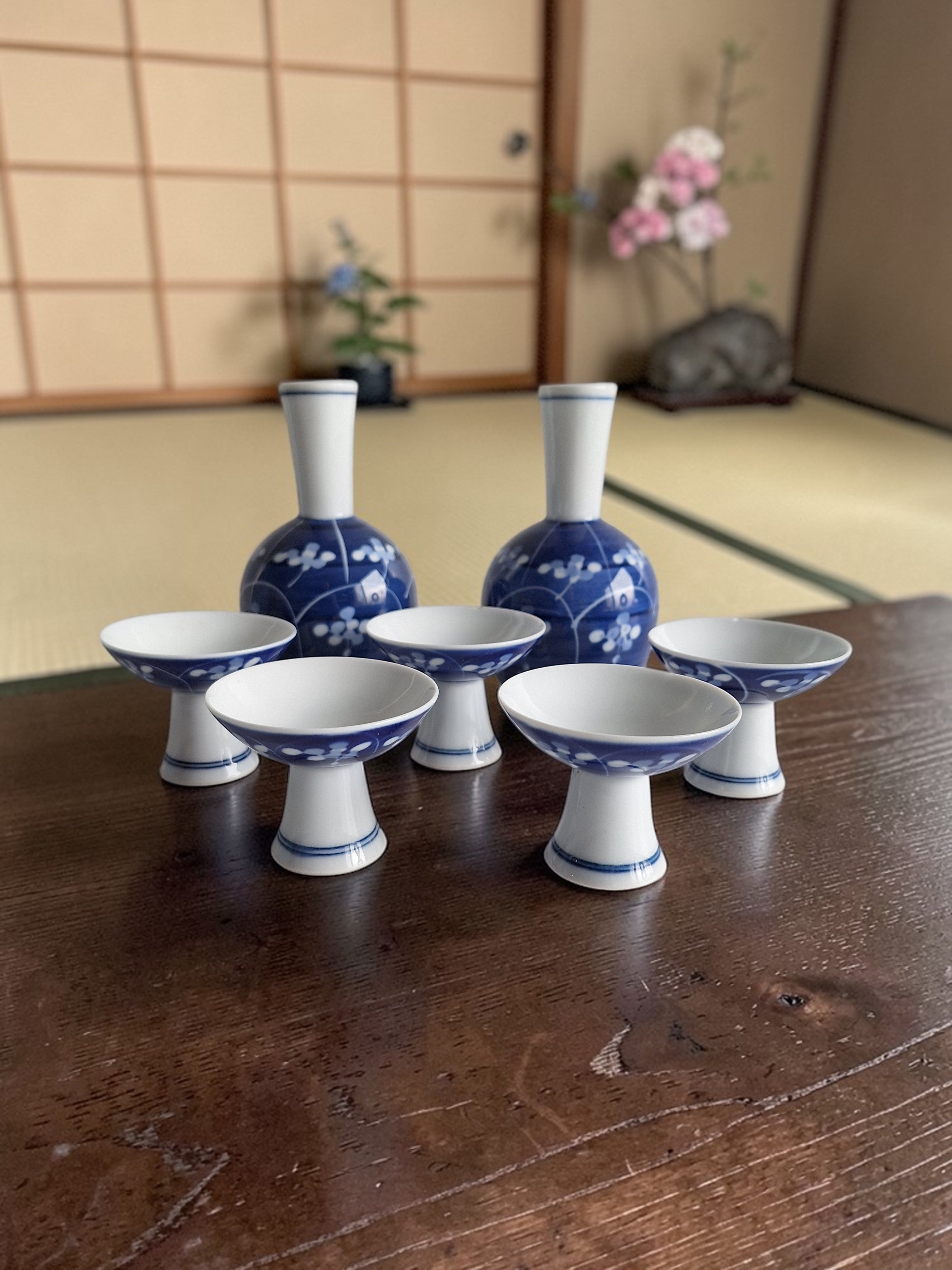 Japanisches Arita-Porzellan Sake-Set – Blau-weißes Prunus-Dekor, 2 Tokkuri & 5 Choko