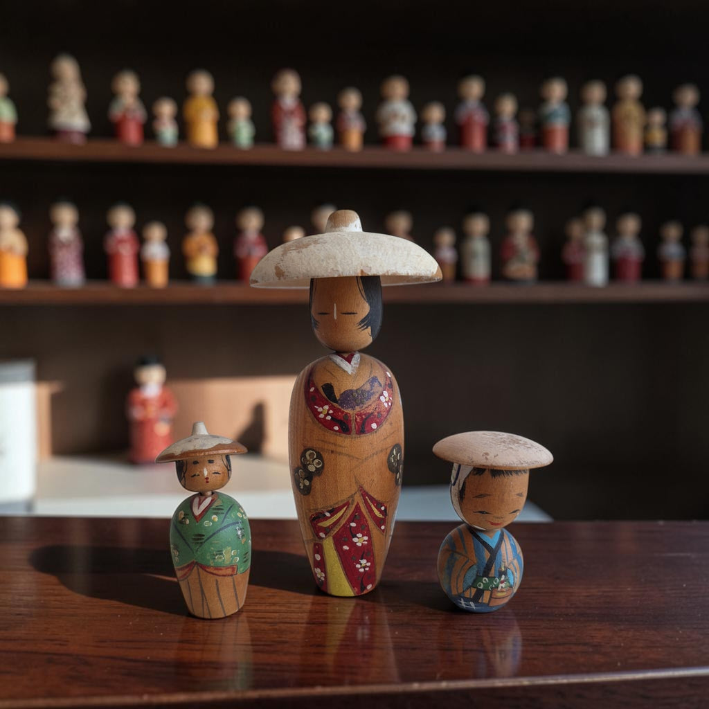 Set van drie handbeschilderde Japanse kokeshi poppetjes met traditionele hoedjes en kimono-details, hoogte groot 11 cm en klein ca. 5 cm.