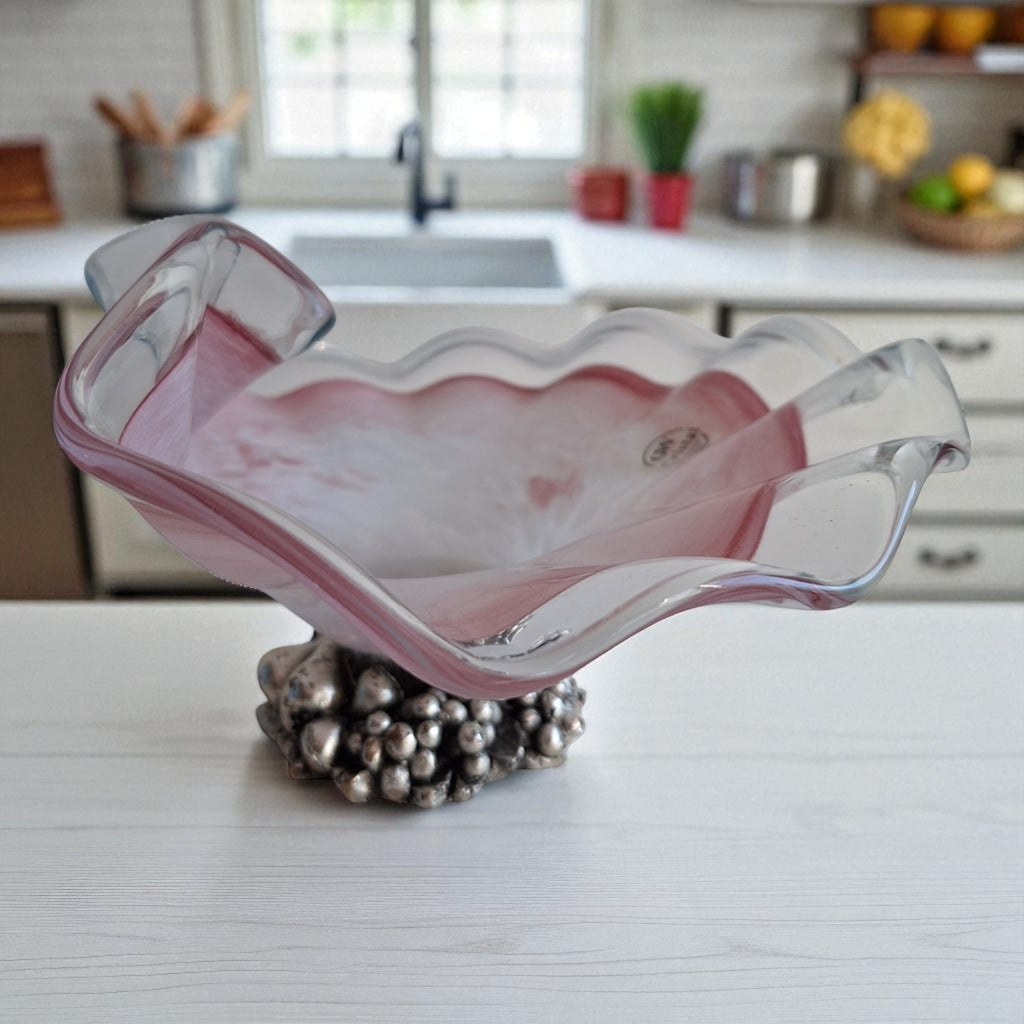 GW Cristal Italy | Rosa Kristallschale mit Silberfuß | H. 13 cm