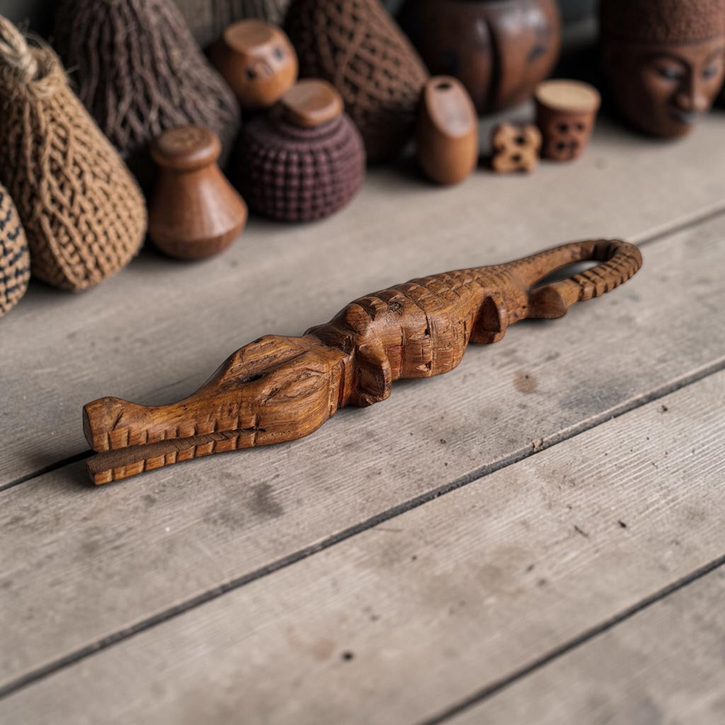 Handgesneden krokodil van donker hout met ingekerfde schubben, kleine pootjes en een karakteristieke opkrullende staart.
