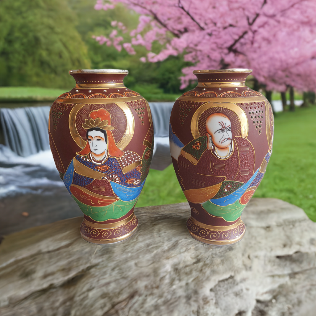 Set aus zwei japanischen Satsuma-Vasen – Handbemalt, Mitte 20. Jahrhundert