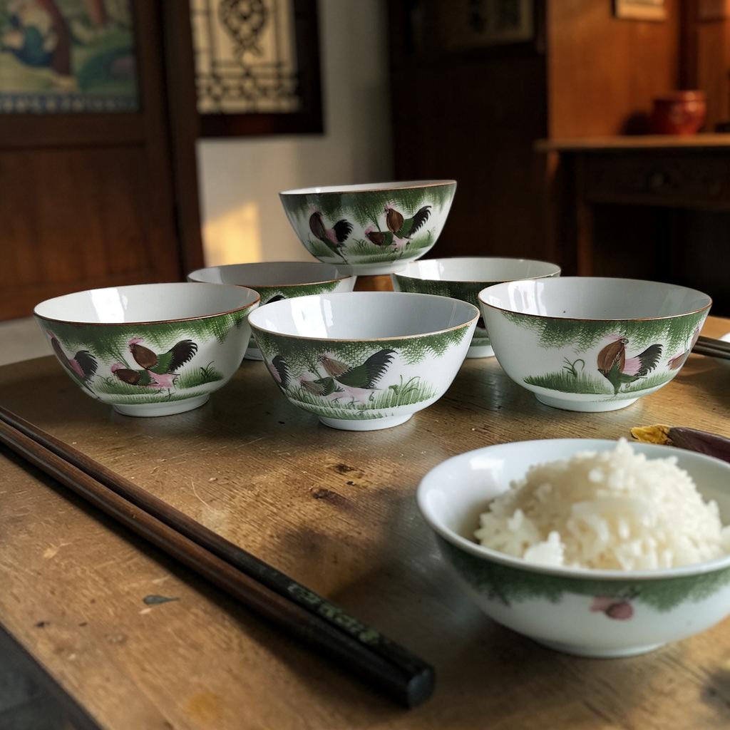 Set van 6 Antieke Chinese porseleinen kommen, vaak aangeduid als "haan-kommen" (of Ji Gong Wan)