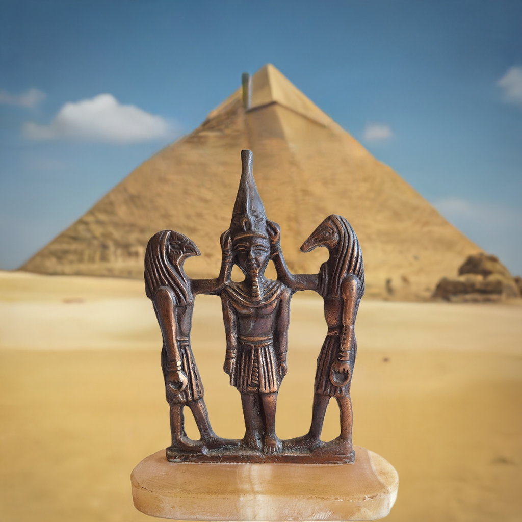 Brass statue Ramses III with Horus and Seth on marble base – Egyptian, Art Deco style