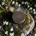 Verzilverd rond pillendoosje met bloemenreliëf en krulgraveringen op schanierdeksel, mogelijk 800 of 925 sterling zilver, H1,2 Ø3,1 cm, 9 gram