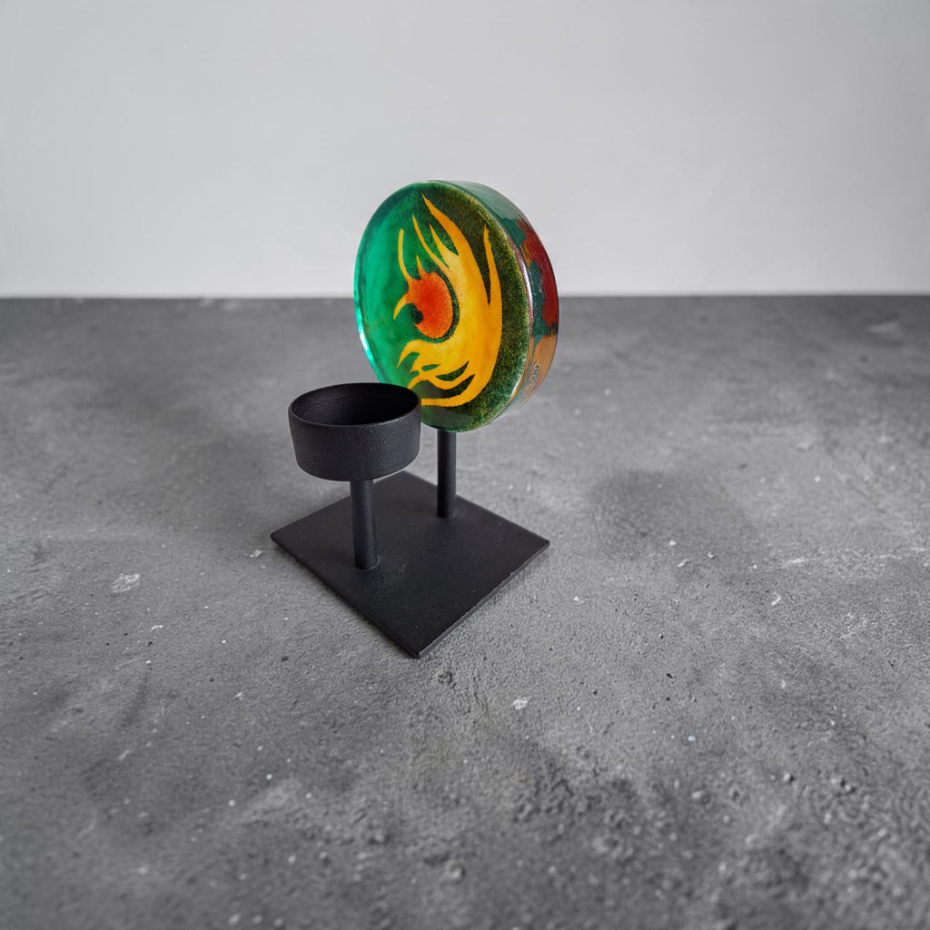 Steninge Slott kunstglazen waxinelichthouder - groen en oranje - 2006