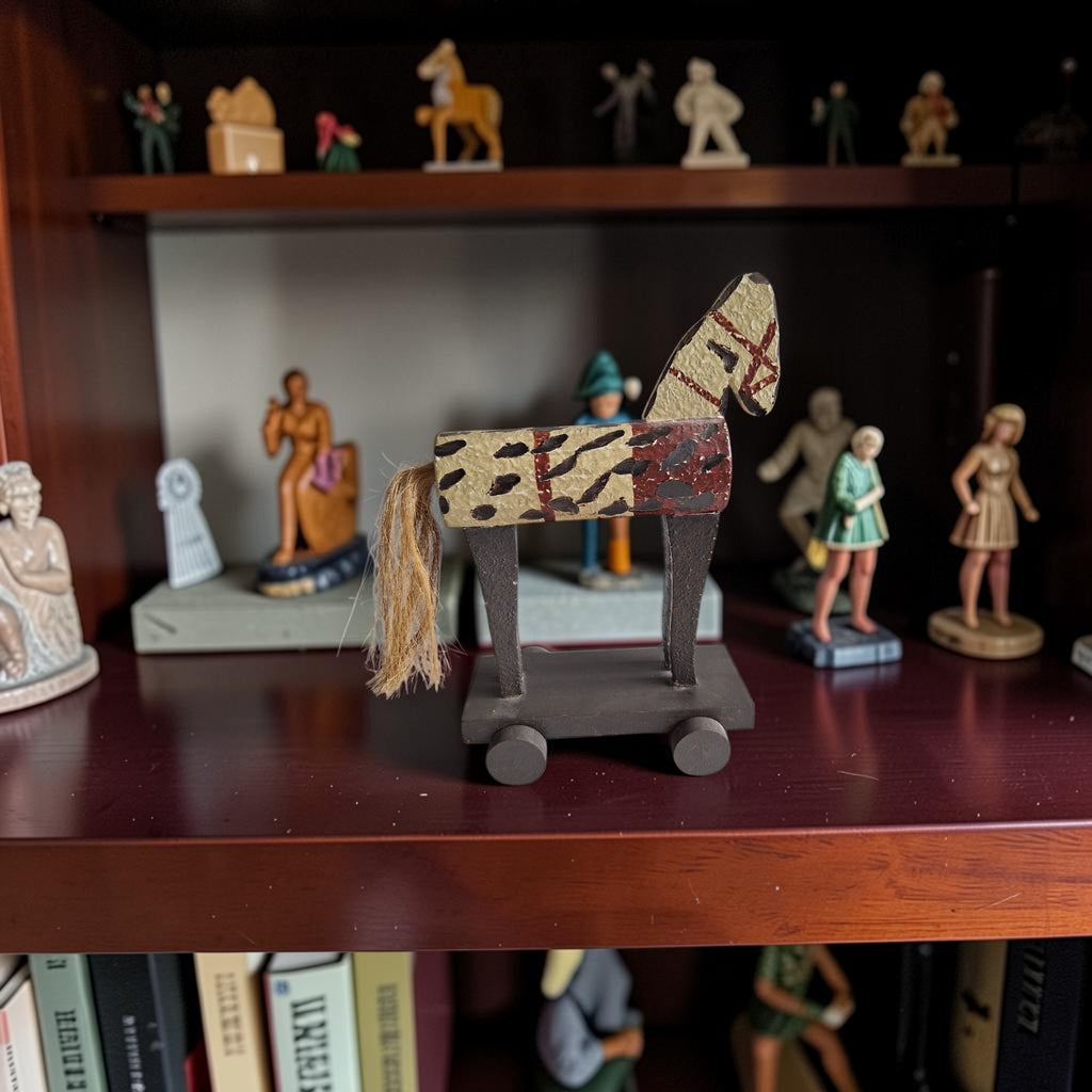 Handgemaakt houten volkskunst speelgoedpaard op wieltjes, beschilderd met vlekken, donkere poten en staart van touw - folk art vintage stuk.
