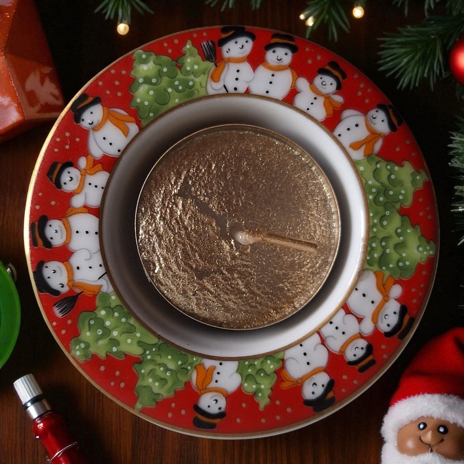 Weihnachtskerzenhalter Happy Light Schneemann | Goldenes Teelicht | Originalverpackung