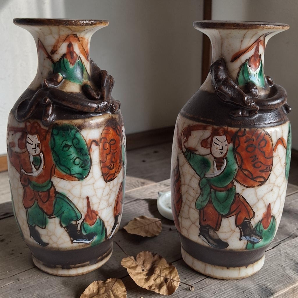 Set van 2 Chinese Nanking stijl miniatuurvaasjes handgeschilderd met krijgersfiguren en craquelé glazuur, porselein, China, H10,5 cm