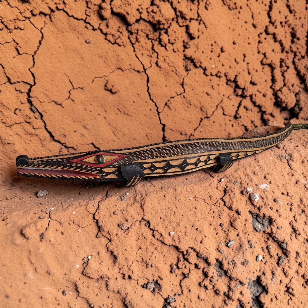 Handgesneden houten krokodil met ingekerfde patronen en beschilderde accenten.
