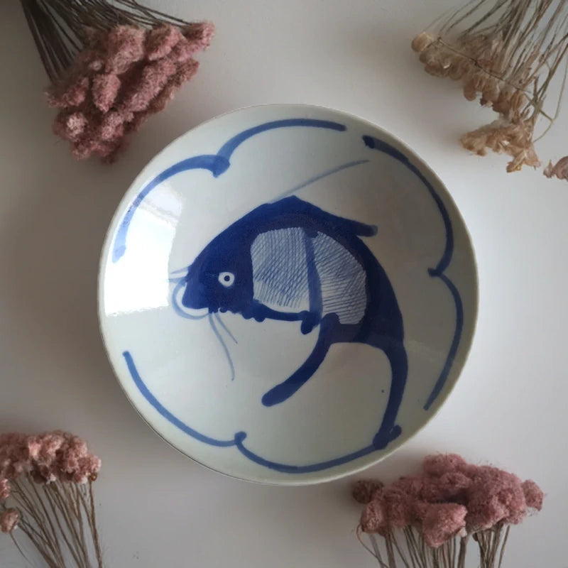 Antieke Koi Karper Schaal | Blauw Porselein Ø 16,5 cm | Begin 20e Eeuw