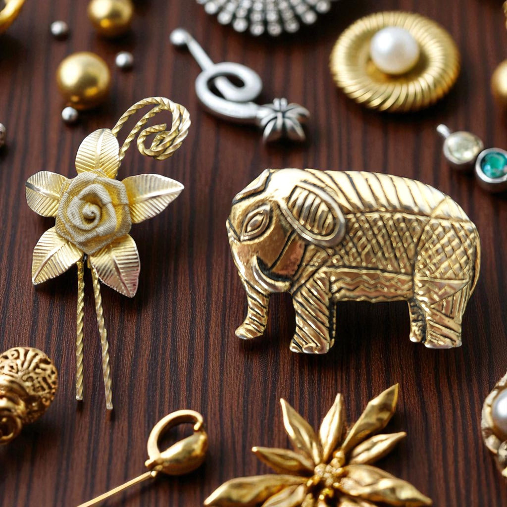 Set aus zwei goldfarbenen Broschen – Elefant & Blume, 80er Jahre