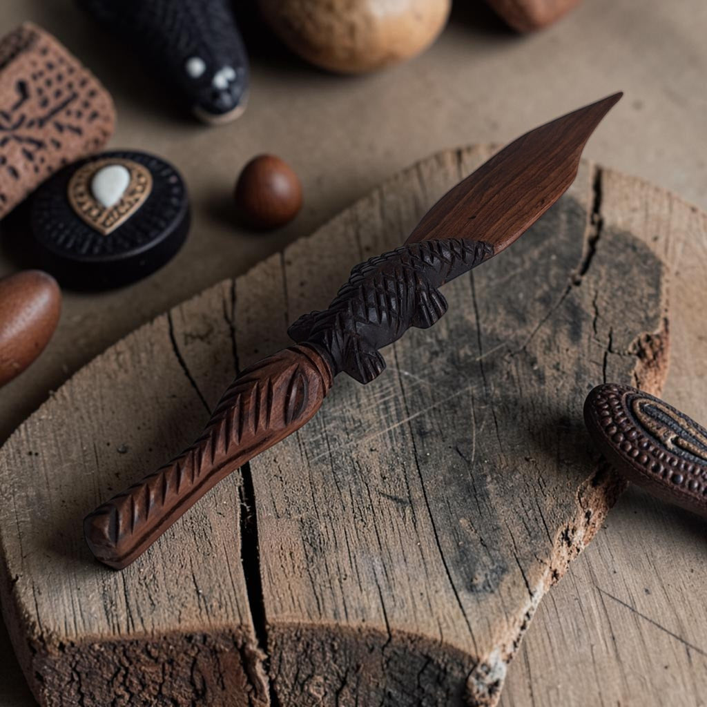 Handgemaakte houten brievenopener in de vorm van een krokodil.
