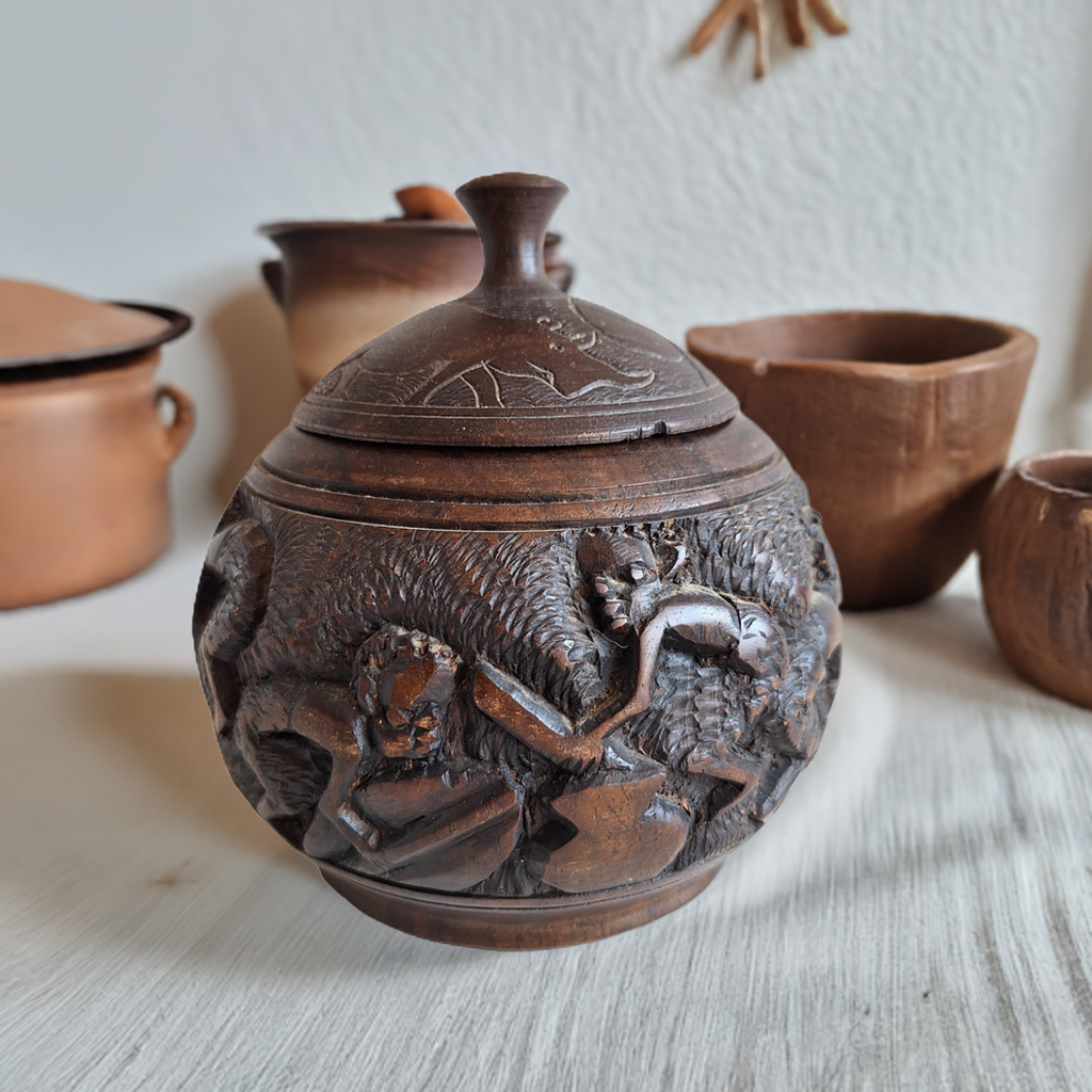 Hand-carved round wooden pot with lid and figures – African craftsmanship