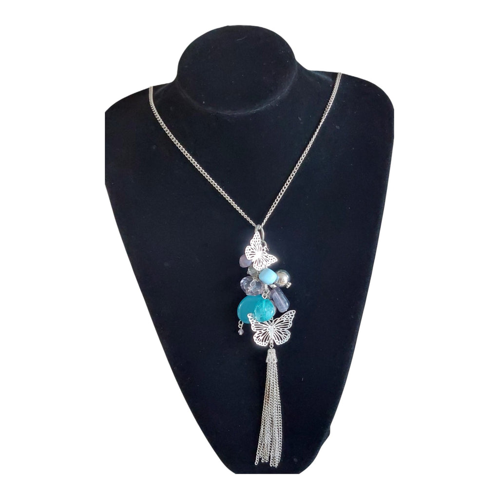 silver-colored necklace beads and butterflies