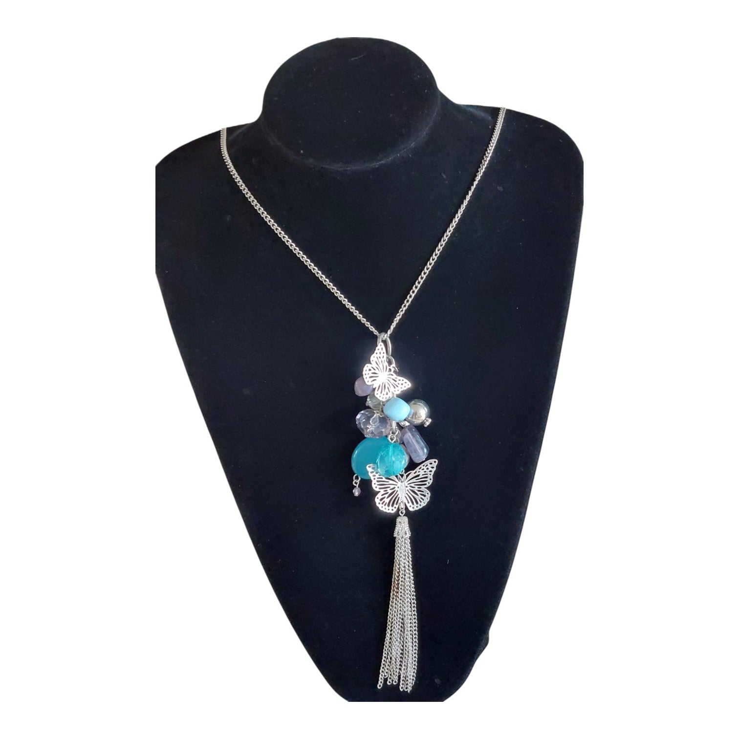 silver-colored necklace beads and butterflies