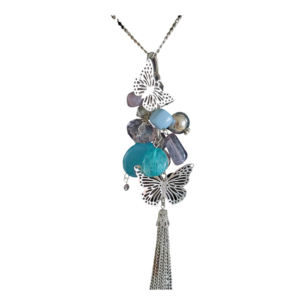 silver-colored necklace beads and butterflies