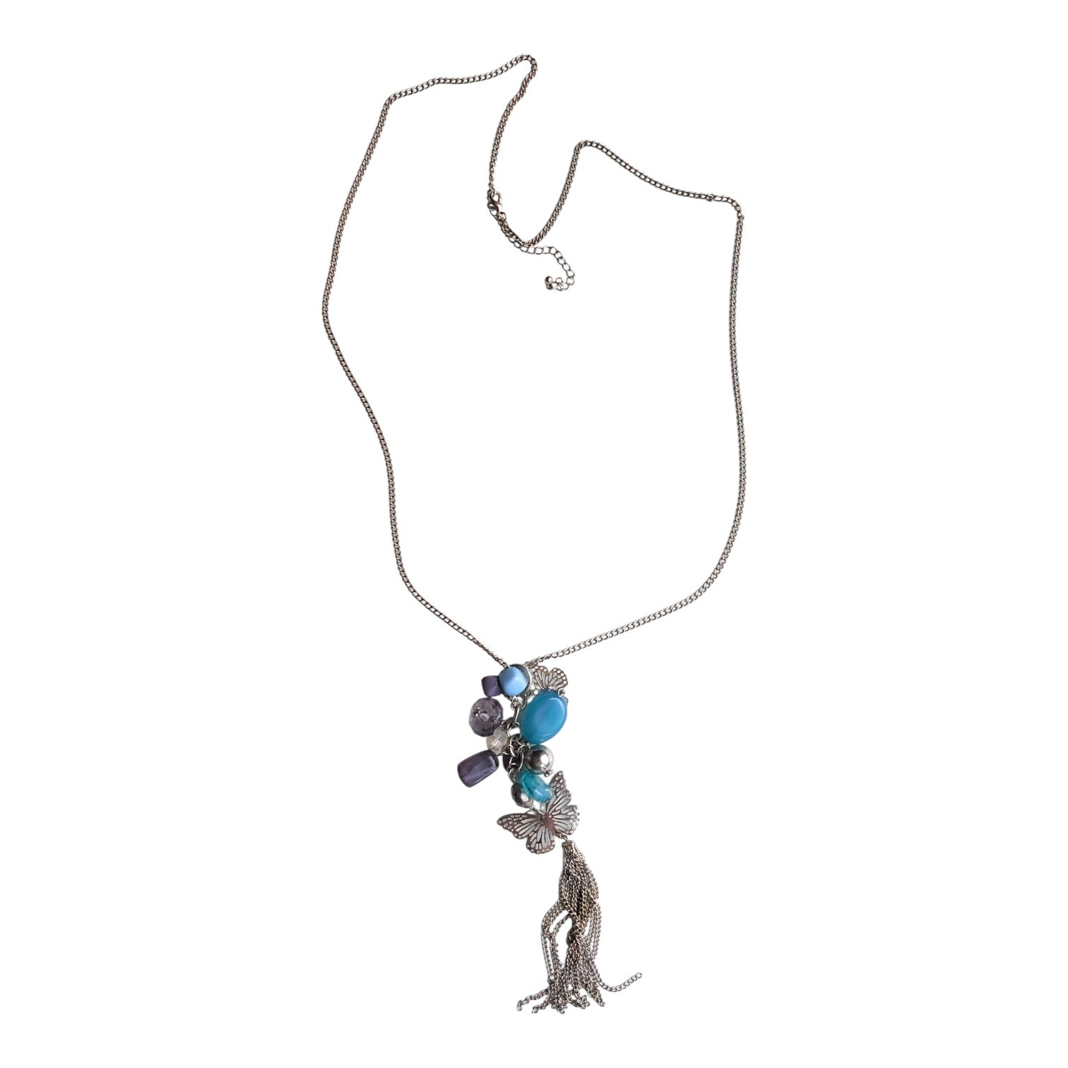 silver-colored necklace beads and butterflies