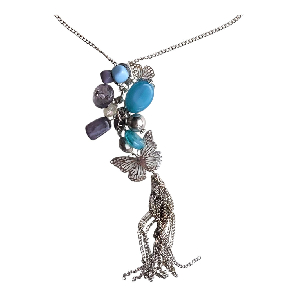silver-colored necklace beads and butterflies