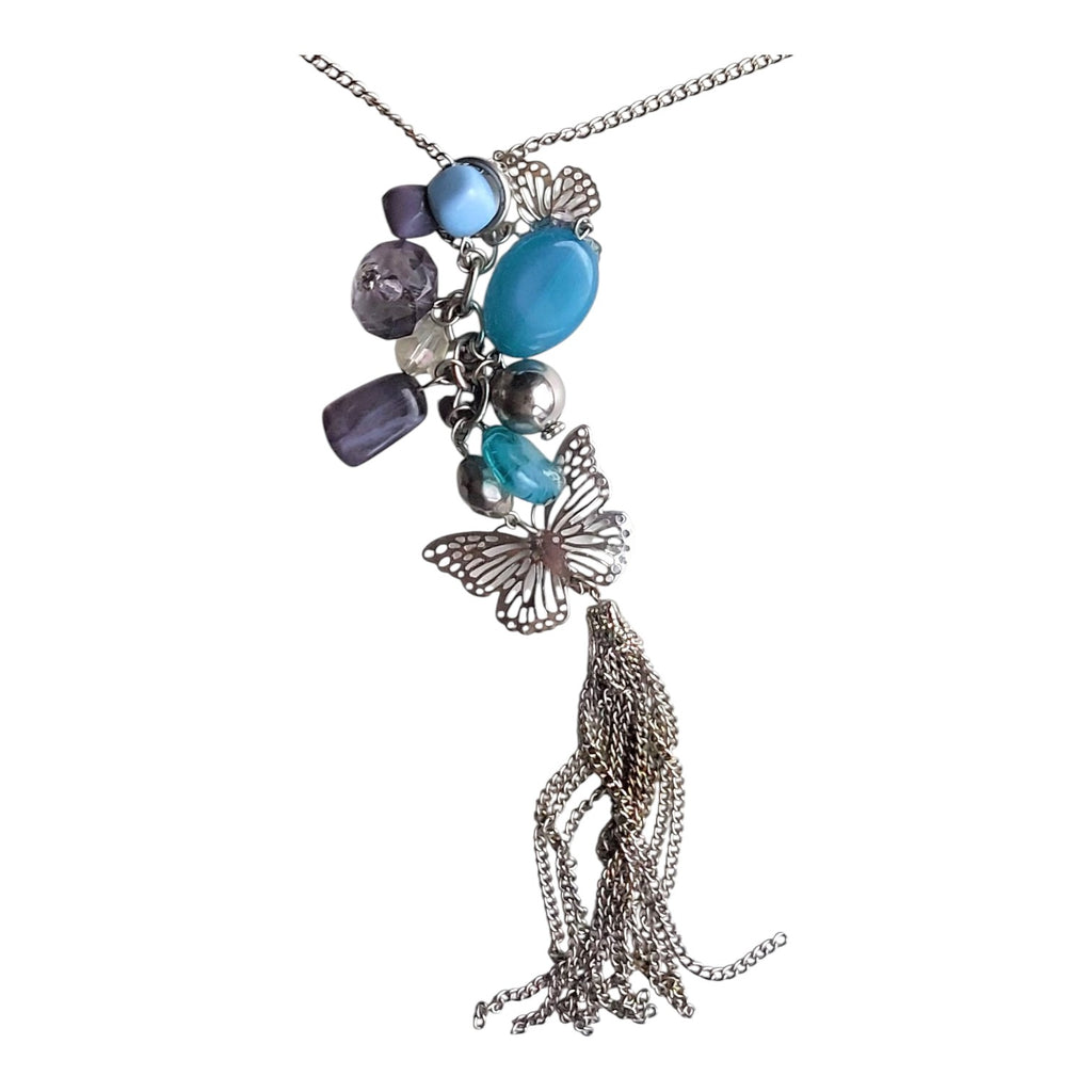 silver-colored necklace beads and butterflies