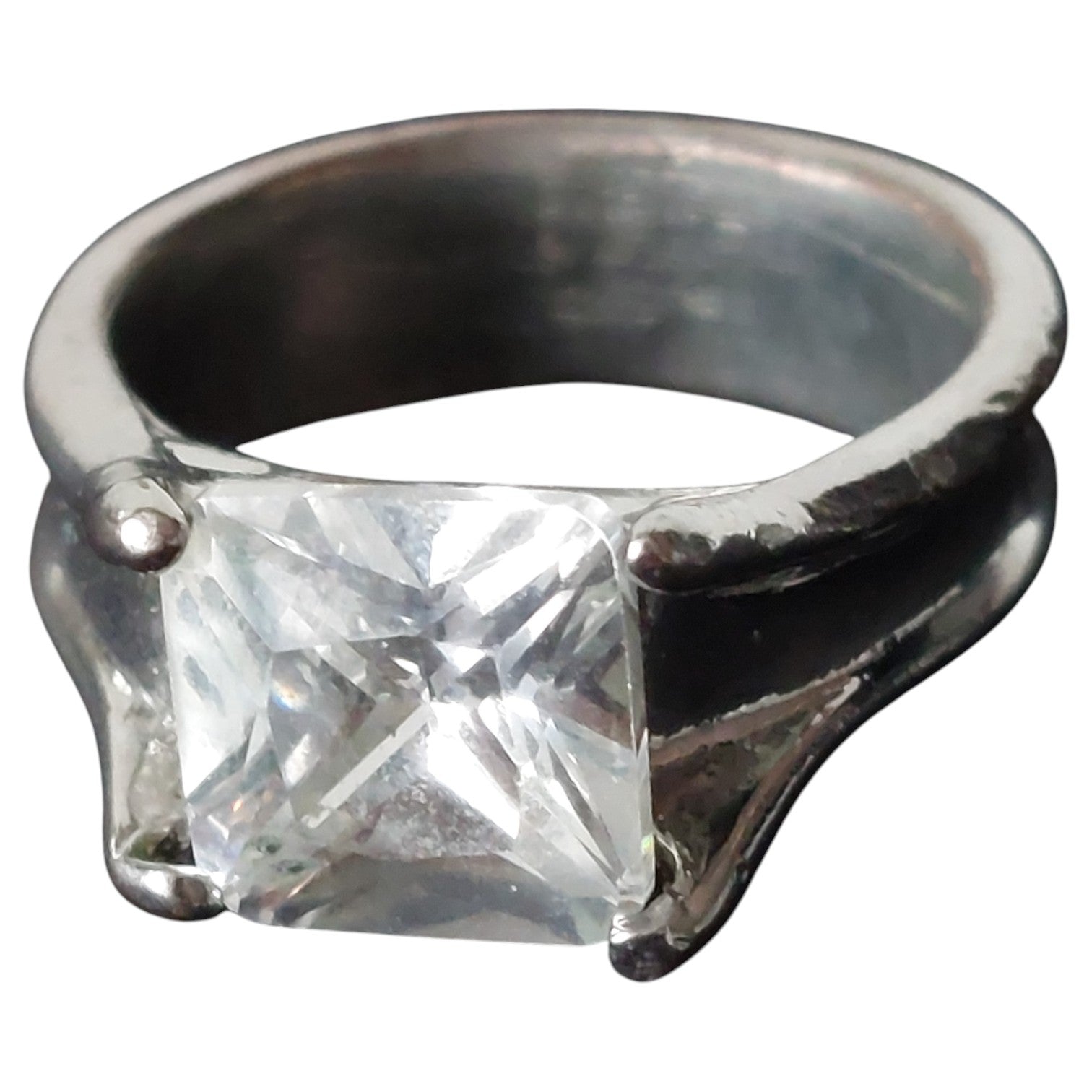 Vintage damesring - zilverkleurig met vierkante strass-steen