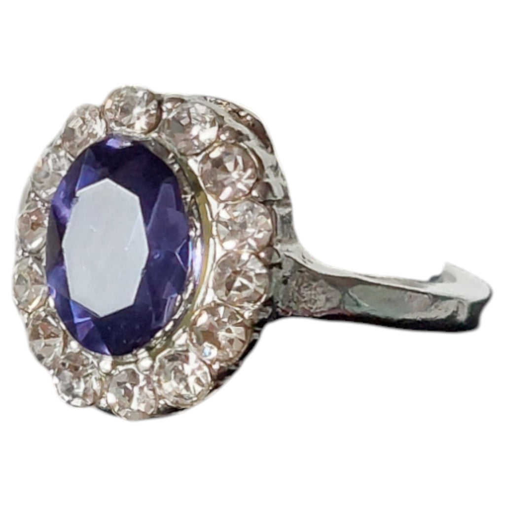 Vintage damesring - verzilverd met blauwe steen en strass