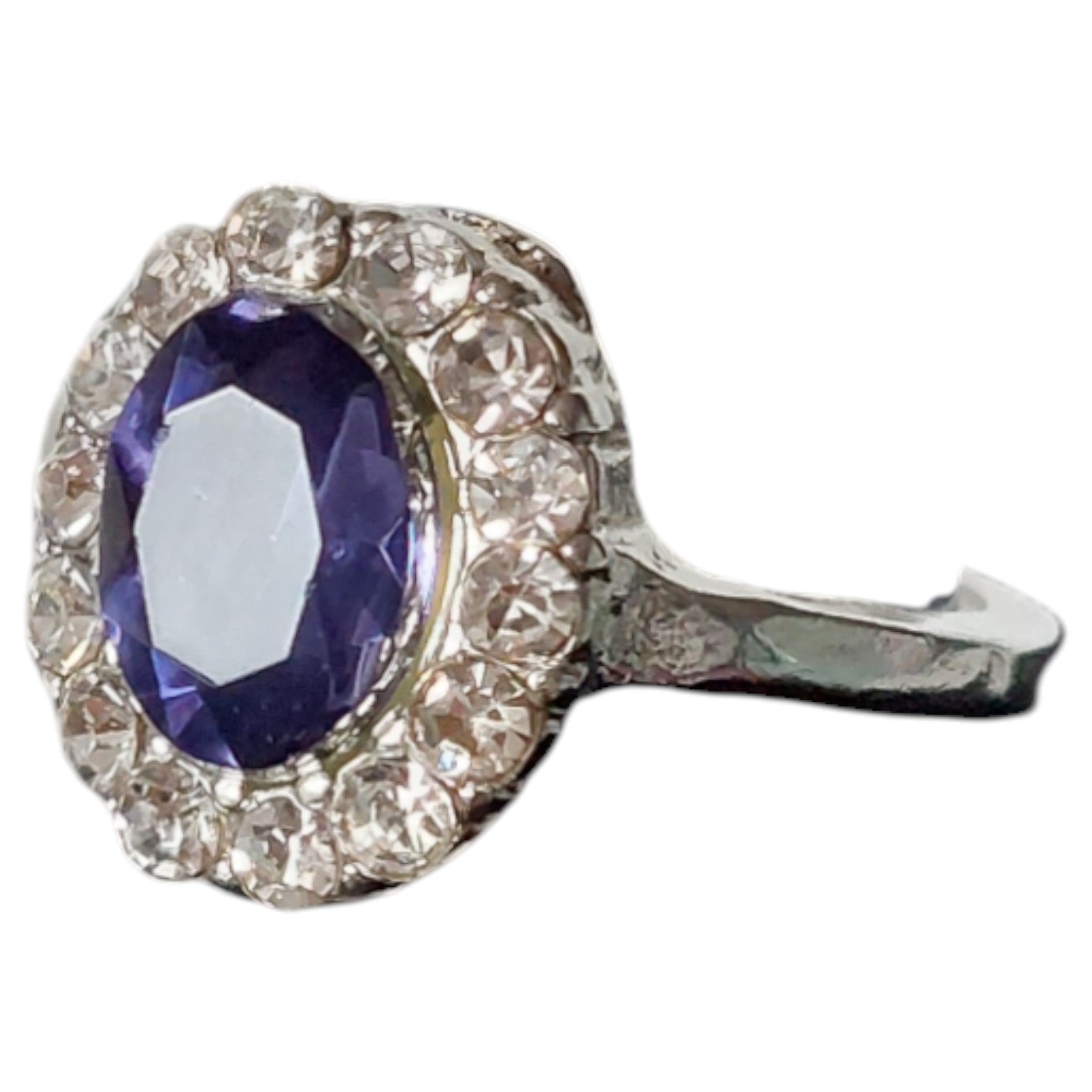 Vintage damesring - verzilverd met blauwe steen en strass