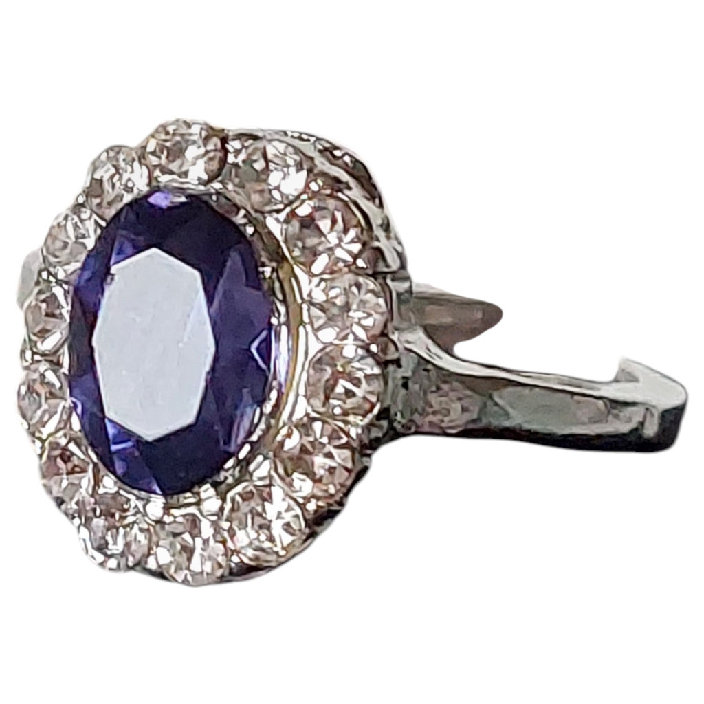 Vintage damesring - verzilverd met blauwe steen en strass
