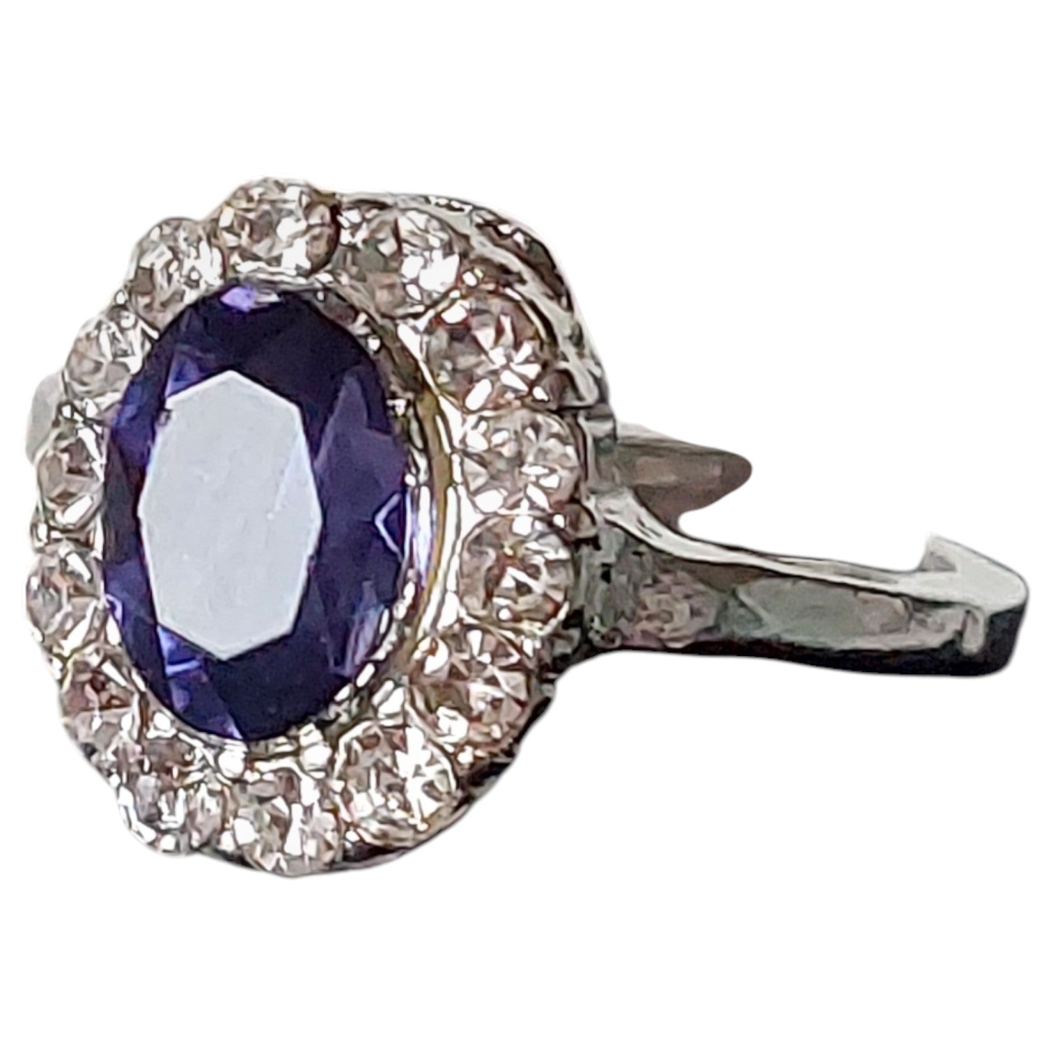 Vintage damesring - verzilverd met blauwe steen en strass