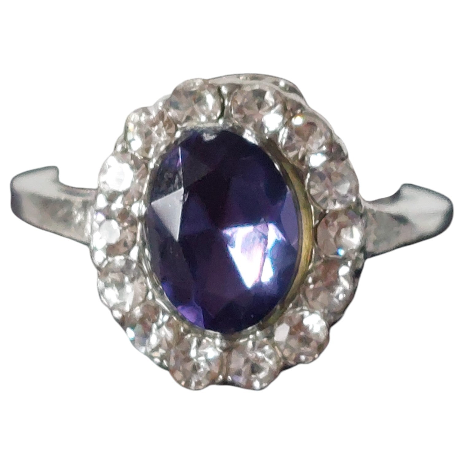 Vintage damesring - verzilverd met blauwe steen en strass