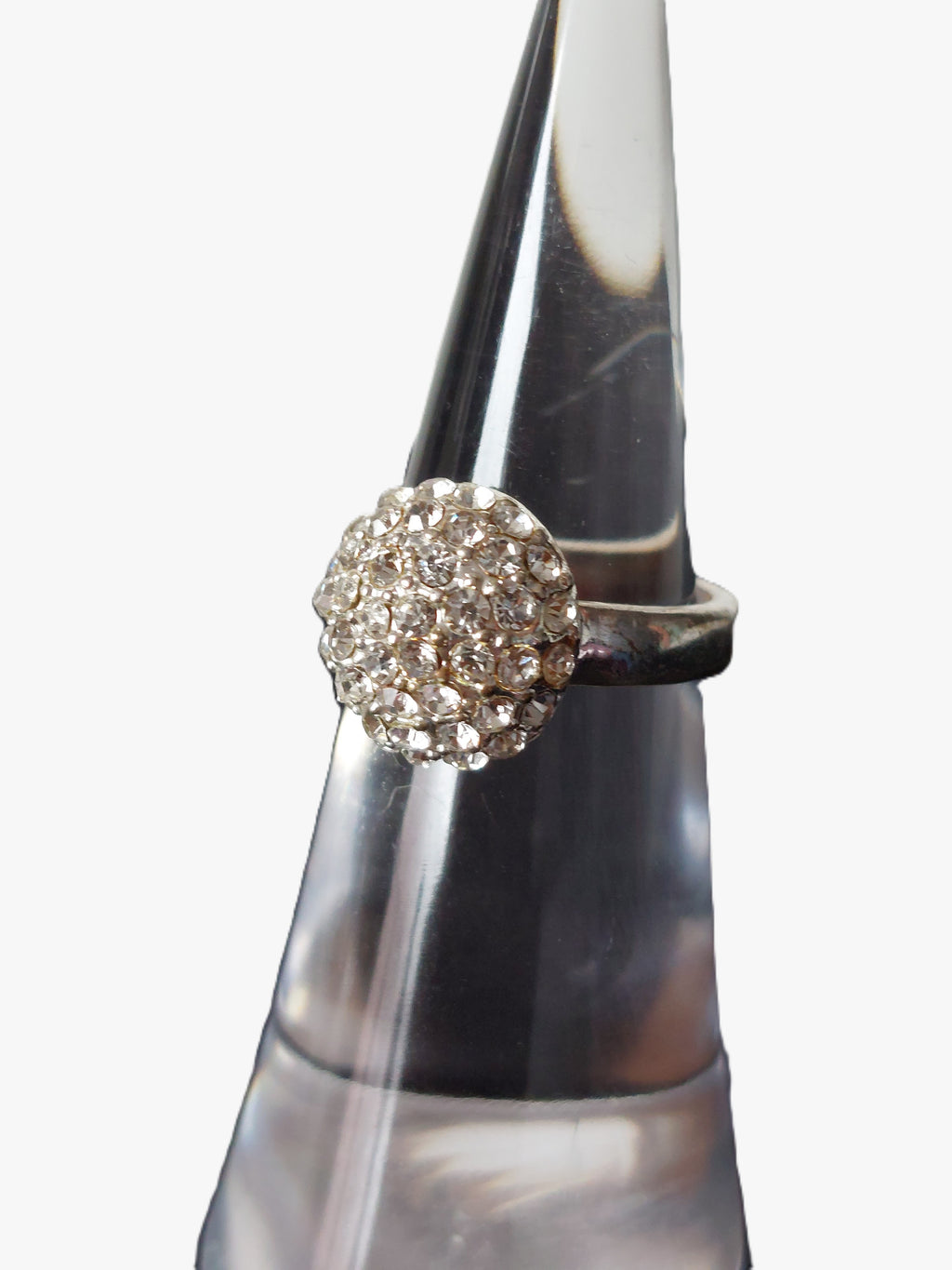 Vintage damesring - verzilverd bolring vol strass