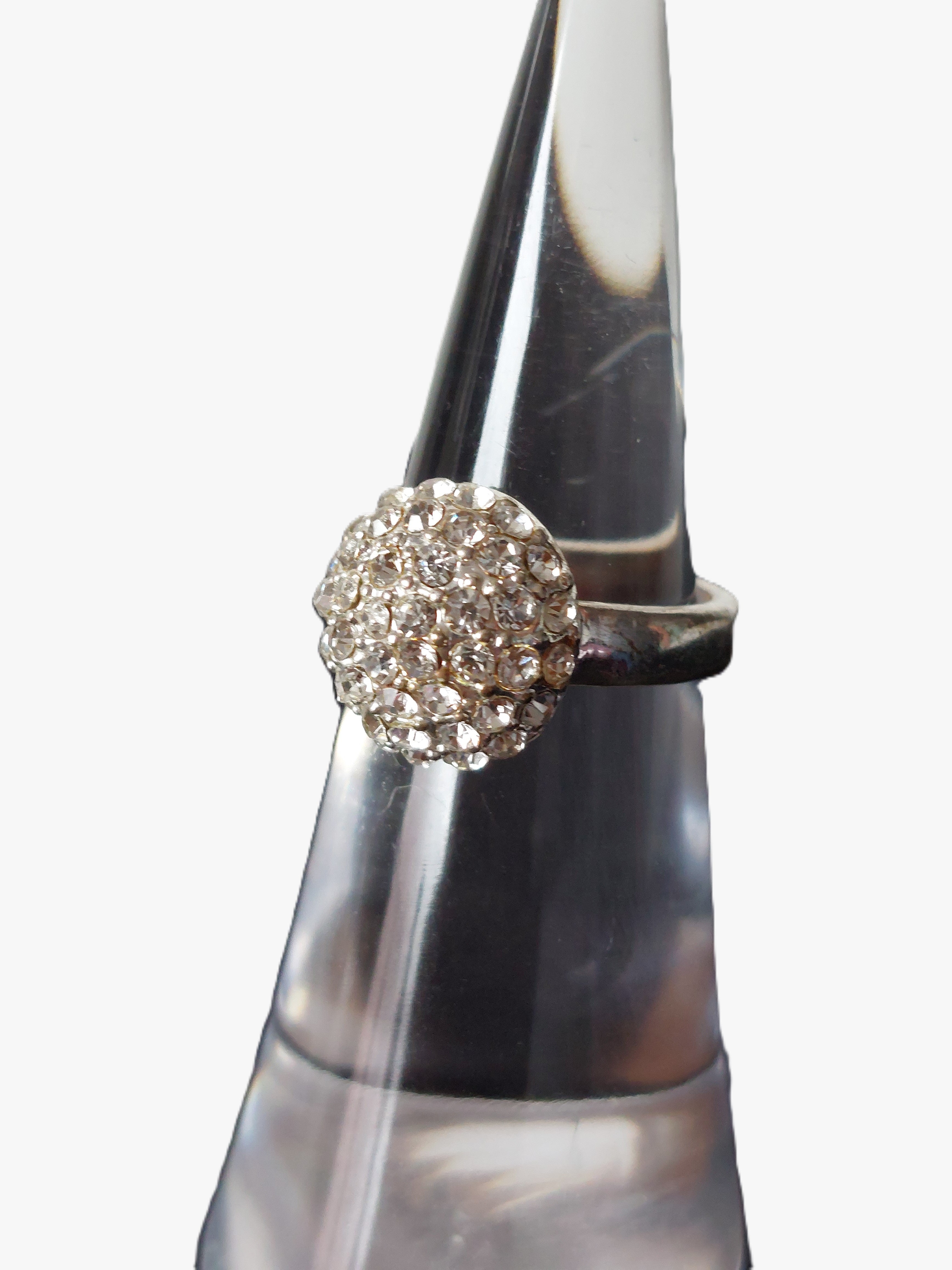 Vintage damesring - verzilverd bolring vol strass