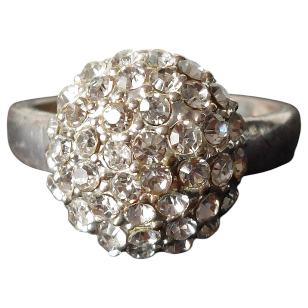 Vintage damesring - verzilverd bolring vol strass