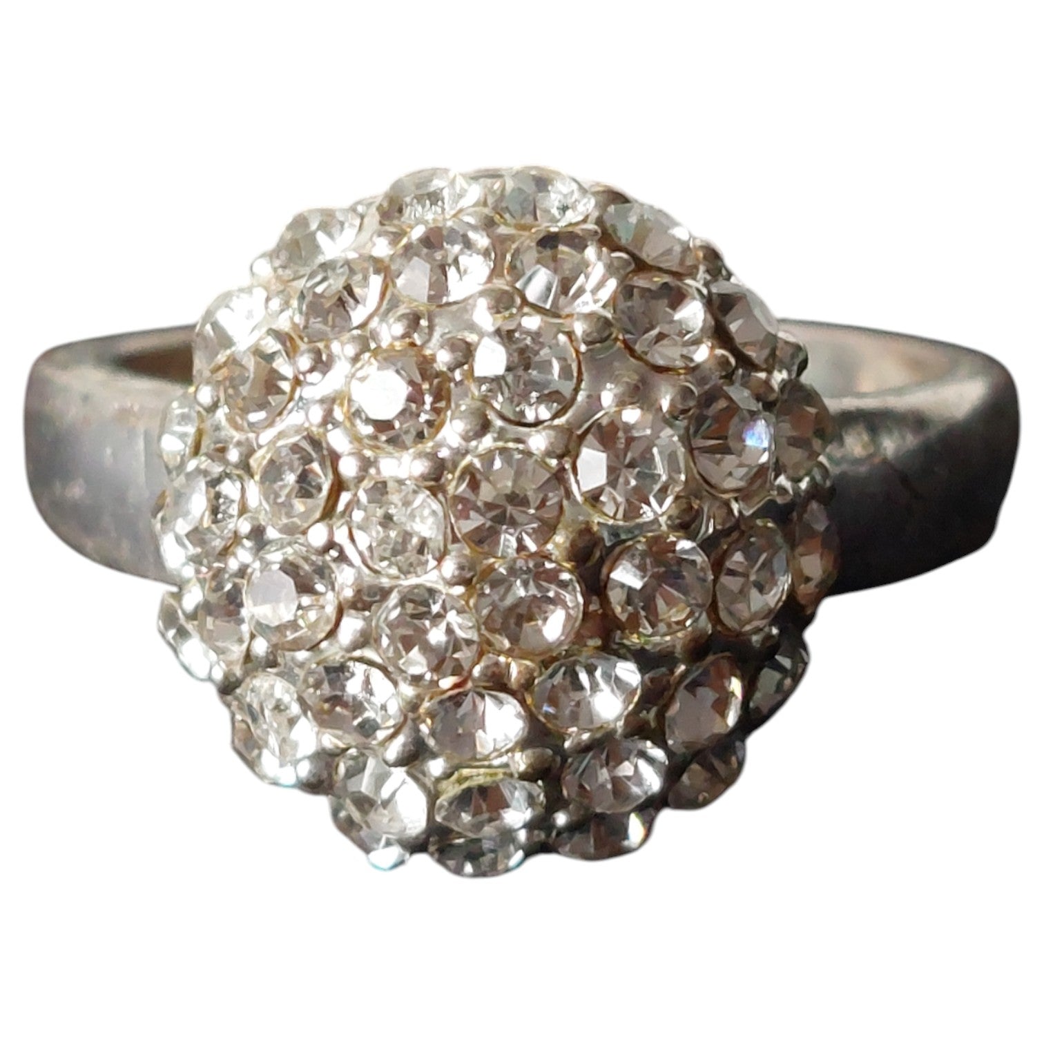 Vintage damesring - verzilverd bolring vol strass