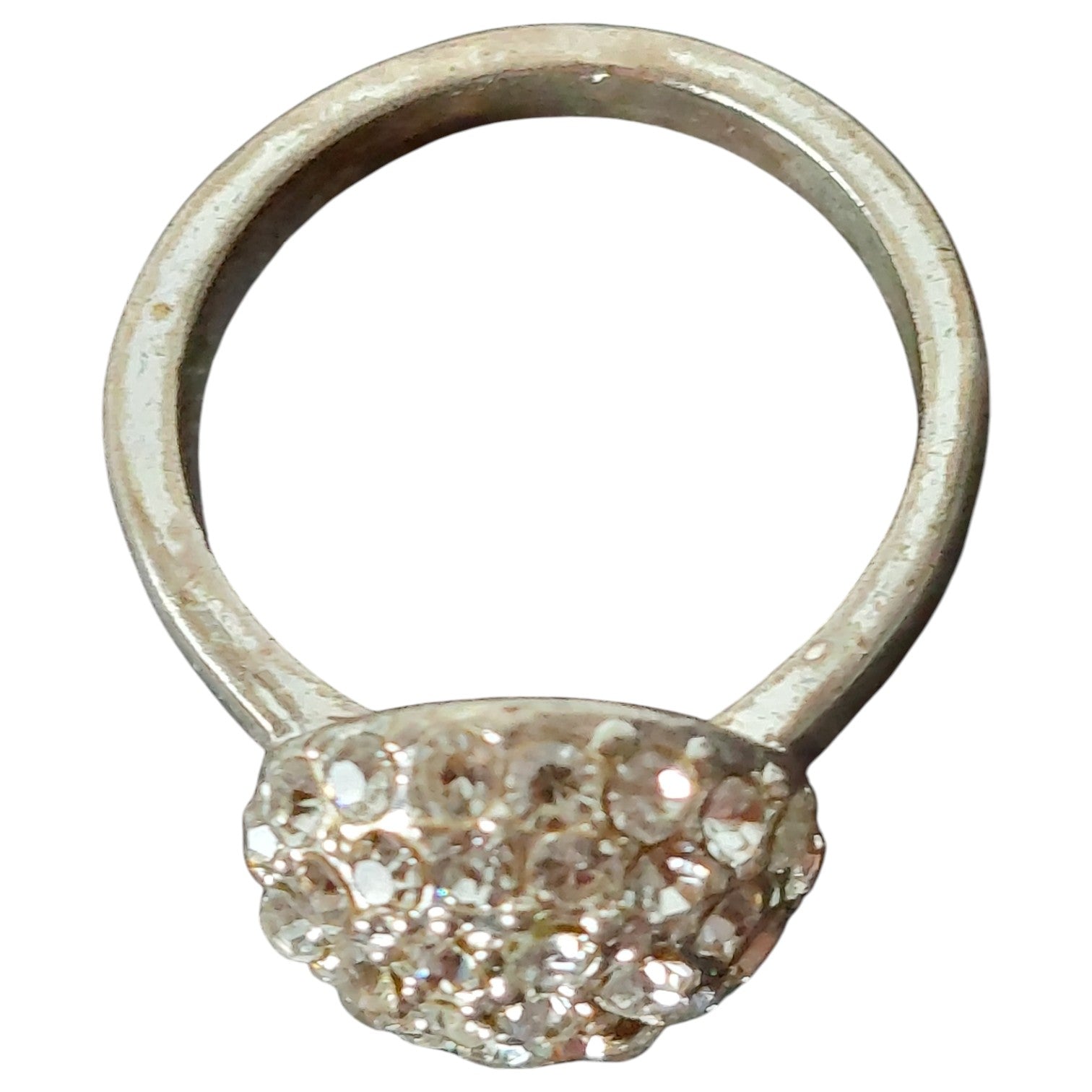 Vintage damesring - verzilverd bolring vol strass