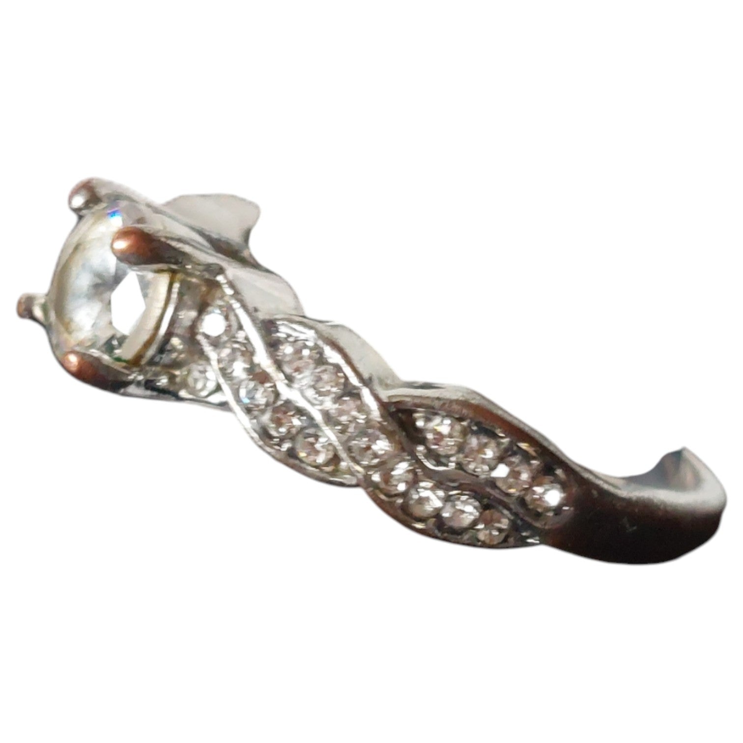 Vintage damesring - verzilverd gedraaide band met strass solitaire