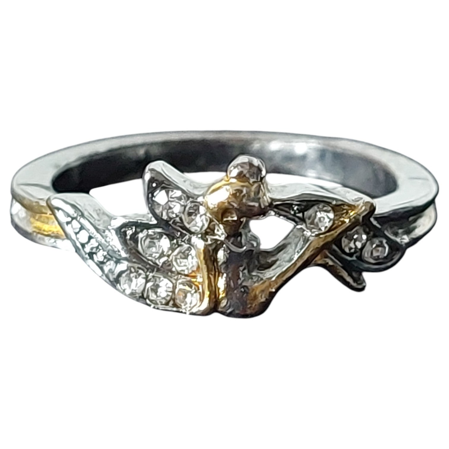 Vintage damesring - tweekleurig feeënring met figuurtje en strass